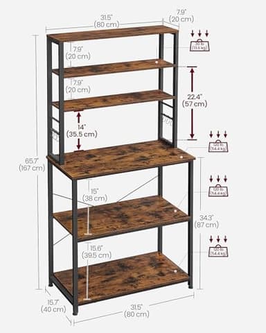 VASAGLE Coffee Bar, 31.5 Inches Baker's Rack for Kitchen with Storage, 6-Tier Kitchen Shelves with 6 Hooks, Microwave Stand, Industrial, Rustic Brown and Black UKKS019B01 - Image 3