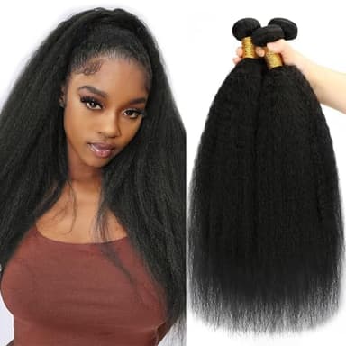 14 16 18 Kinky Straight Bundles Human Hair Yaki Straight Human Hair 3 Bundles 100% Unprocessed Brazilian Virgin Remy Hair Yaki Straight BundlesFor Black Women Natural Black Color - Image 1