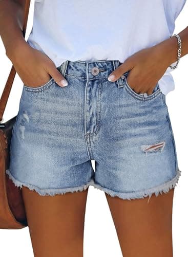 ZOLUCKY Women Mid Rise Ripped Stretchy Jeans Shorts Frayed Raw Hem Casual Denim Shorts Light Blue L - Image 1