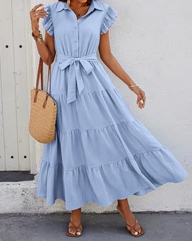 dowerme Ladies Dress 2025 Ruffle Cap Sleeve Button Down V Neck Tie Waist Plain Pleated Tiered Boho Flowy A-Line Dresses(Sky Blue,Medium) - Image 3
