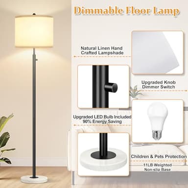 Nintiue Dimmable Floor Lamp for Living Room, 11W LED Bulb Included, Modern Standing Lamp with Marble Base, Tall Pole Light with White Linen Shade for Bedroom Reading Office Corner Nursery-Black - Image 4