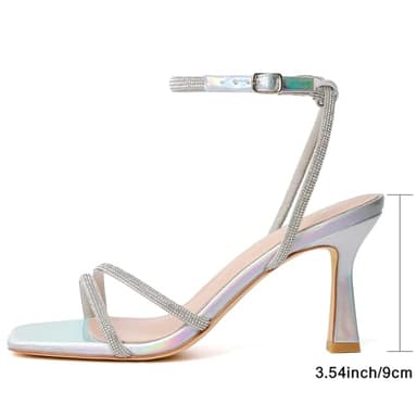 Mostrin Silver Strappy Rhinestone Heels for Women Ankle Strap Lace Up Square Open Toe Heels Stiletto High Heeled Sandals for Wedding, Prom, Party, Daily Size 11.5 - Image 5