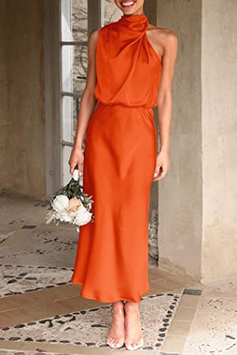 PRETTYGARDEN Women's 2025 Summer Satin Dress Elegant Sleeveless Mock Neck Cocktail Party Maxi Dresses (Orange,Medium) - Image 2