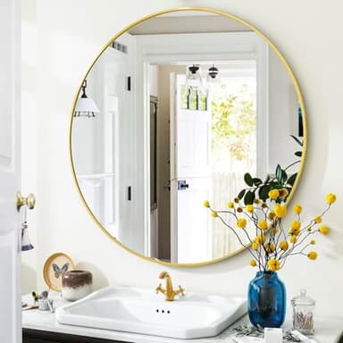 VooBang Gold Round Bathroom Mirror, 30 inch Circle Wall Mounted Hanging Mirror with Simple Modern Circular Metal Frame for Hallway, Entryway, Living Room, Gold Frame - Image 7