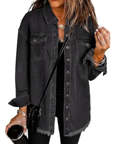 Vetinee Oversized Boyfriend Denim Jean Jacket for Women - Black, Front Button, Raw Hem, Long Sleeve, Pockets - Size 16, 18 - Image 1