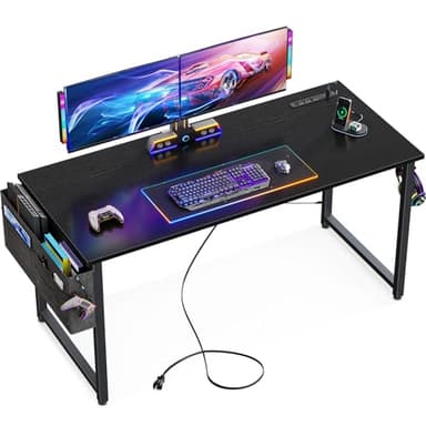 KKL Small Desk with Power Outlets and USB Port Computer Desk for Home Office Gaming Simple Modern Style Writing Desks with Storage Bag Headphone Hook, 48 inch, Black - Image 1