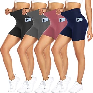 FULLSOFT 4 Pack Biker Shorts for Women – 5" High Waist Tummy Control Workout Yoga Running Compression Exercise Shorts with Pockets(4 Pack Black/Navy Blue/Grey/Pink,Small-Medium) - Image 1