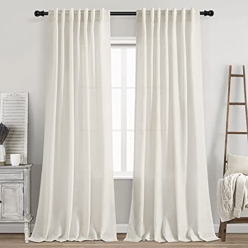 Cream Linen Back Tab Curtains 84 Inch Length for Living Room 2 Panel Set Neutral Modern Farmhouse Window Privacy Semi Sheer Linen Drapes Rustic Pinch Pleated Look Curtain Natural Ivory Colored - Image 1