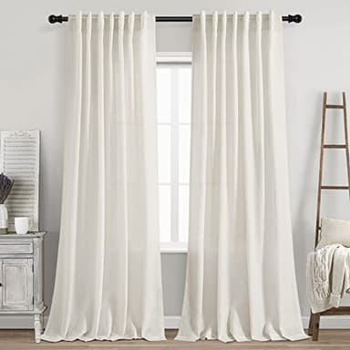 Cream Linen Back Tab Curtains 84 Inch Length for Living Room 2 Panel Set Neutral Modern Farmhouse Window Privacy Semi Sheer Linen Drapes Rustic Pinch Pleated Look Curtain Natural Ivory Colored - Image 1