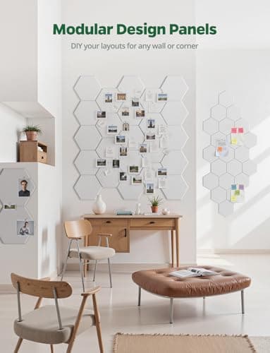 Large Bulletin Board 12" x 10", 12 Pack White Cork Boards for Walls, Self-Adhesive Hexagon Felt Pushpins Wall Tiles, Display for Messages, DIY Notice, Photo Decorations, Classroom, Office, Bedroom - Image 7