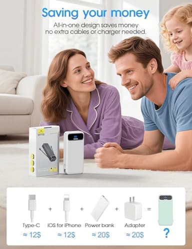 Portable-Charger Power-Bank with Built-in Cables & AC Wall Plug - 20000mAh PD 20W Fast Charging for iPhone,Android, USB-C,Rechargeable External Battery Pack for Cell Phone,Type C cords,Travel White - Image 8