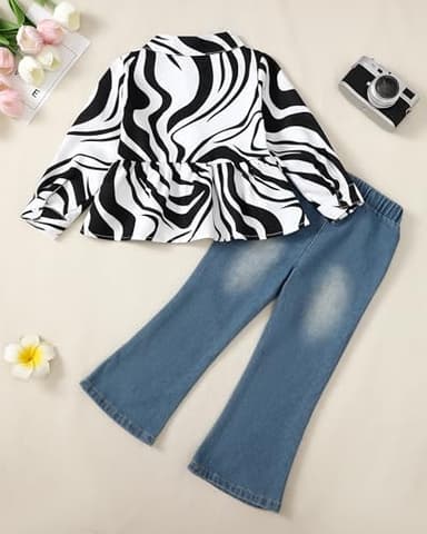 XUANHAO Girls' Cute Clothes - Size 6-7 Long Sleeve Zebra Striped Shirt & Denim Flared Pants Sets for Kids - Image 3