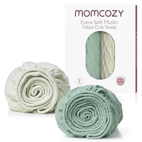 Momcozy Muslin Standard Fitted Crib Sheets, 52"x28", 2 Pack Soft Breathable Natural Cotton Baby Mattress Sheet, 360° Mattress Wrapping No Slip Boys Girls Neutral Toddler Bed Sheet, Crisp Green Grey - Image 1