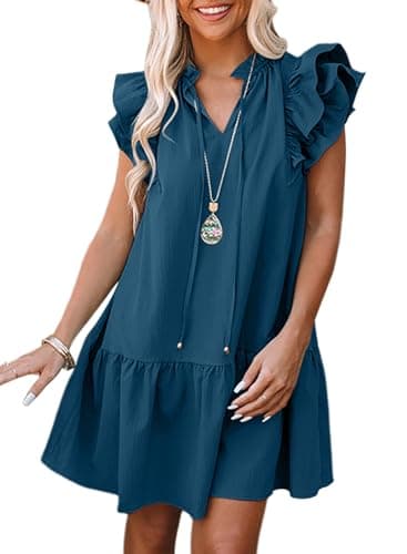 Dokotoo Boho Dresses for Women 2025 Spring Summer Drawstring V-Neck Ruffle Sleeveless Tank Dress Cap Short Sleeve Side Pockets Mini Dress Casual Beach Party Sun Dresses Sundress Blue X-Large - Image 1