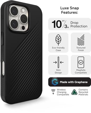 ZAGG Luxe Snap Case for iPhone 16 Pro - MagSafe Wireless Charging, 10ft Drop Protection, Eco-Friendly, Graphene Reinforced, Ripple Design, Black - Image 3