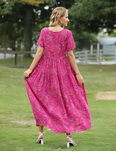 YESNO Women Casual Loose Bohemian Floral Dress with Pockets Short Sleeve Long Maxi Summer Beach Swing Dress 2XL EJF CR26 Pink - Image 4