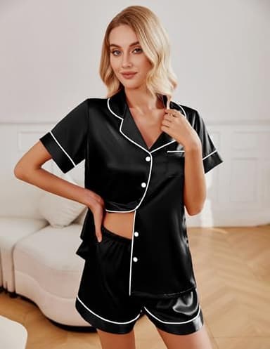 Ekouaer 2 Pack Womens Pajama Sets Summer Pjs Satin Sleepwear Short Sleeve Button Down Pjs Top and Shorts Sleep Set Black+Rose,Large - Image 4