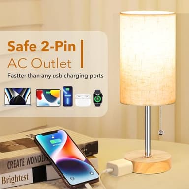 Set of 2 Table Lamps for Bedroom, 2700K/4000K/5000K Bedside Lamp Nightstand Lamp with Pull Chain and AC Outlet, Table Lamp for Living Room Reading Kids Room Wood Grain (8W LED Bulbs Included). - Image 5