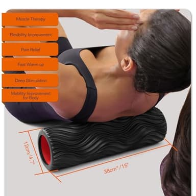 CINDALOG Foam Roller, 15" High Density Foam Back Roller, Wave Textured Massage Roller for Deep Muscle Massage Pilates Yoga,Fitness Exercise Roller for Whole Body Release(Black) - Image 3