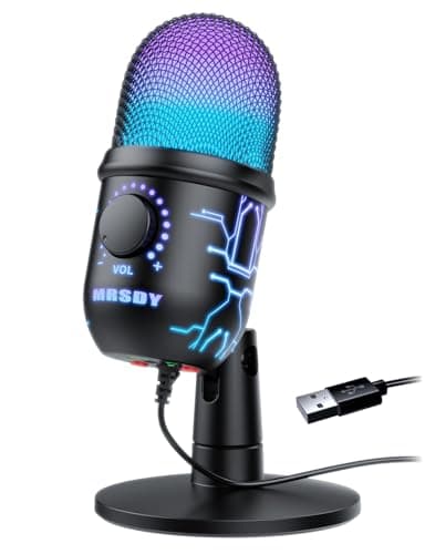 MRSDY Gaming Microphone, USB Computer Microphone for PC, Mac, PS4/5, Condenser Podcast Mic for Studio Recording, YouTube, Streaming, with Headphone Jack, Led Light, Mute, Gain, Noise Cancellation - Image 1