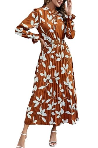 PRETTYGARDEN Boho Dress for Women Casual Spring Fall Long Sleeve V Neck Print Pleated Midi Dresses (Brown Leaves,Small)