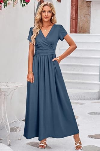 OUGES Short Sleeve Summer Maternity Maxi Dresses for Women 2025 Wrap V Neck Wedding Guest Dress Casual Spring Long Dress(Gray Blue,M) - Image 4
