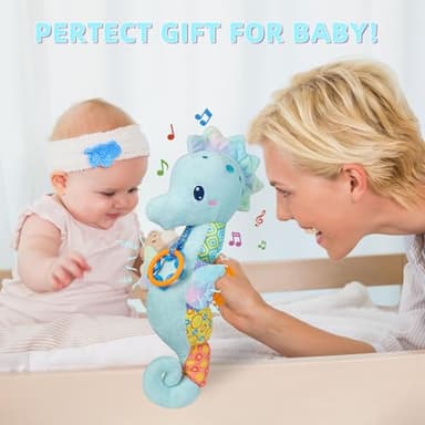 Baby Toys 0-6 Months,Infant Musical Seahorse Stuffed Animals Sensory Toys with Bright Colors,Multiple Textures,Rattles & Crinkle Sound Paper,Soft Tummy Time Toy for Newborn Boys Girls 0-12 Months-Blue - Image 6