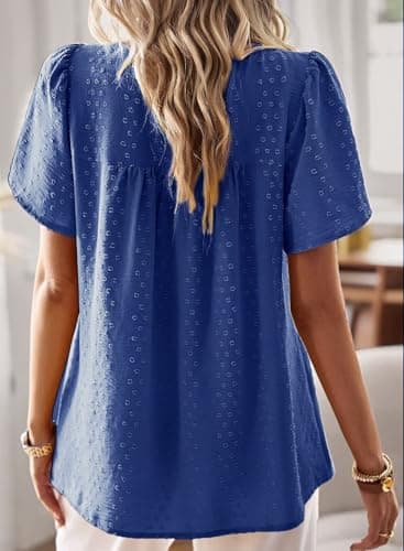 Falechay Womens Summer Tops Round Neck Hook Flower Casual Blouses for Women Dressy Casual Swiss Dot Royal Blue XS - Image 3