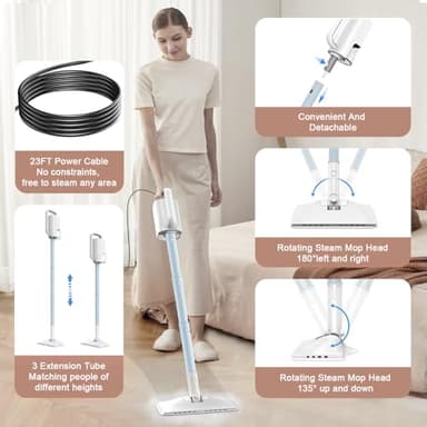 Steam Mop Cleaner, 7 in 1 Rotated Steam Cleaner for Home, Adjustable 2 Modes Steam Mop with 23FT Power Cable and 400ML Removable Tank, Hard Floor, Laminate Floor, Tiles Cleaning (Emerald Blue) - Image 3