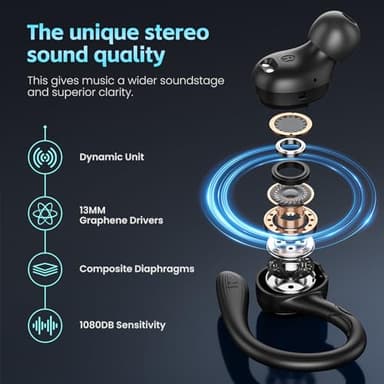 Catitru Wireless Earbuds Bluetooth 5.3 Headphones Stereo Ear Buds, ENC Noise Cancelling Mic,IPX7 Waterproof Earphones with Hook for Android iOS Smart Phone Laptop Computer Sports - Black - Image 3