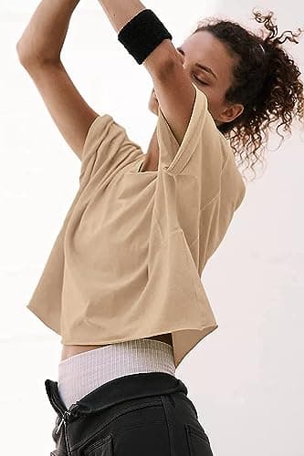 Carpetcom Oversized Workout Shirts for Women Short Sleeve Drop Shoulder Soft Basic Crop Tops Baggy Gym Yoga Sport Tee Black Light Khaki - Image 3