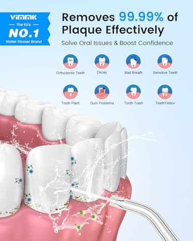 VIMMK Water Flosser, Cordless Water Dental Flosser, 9 Jet Tips 5 Modes 300ML IPX7 Waterproof, Portable Rechargeable Oral Irrigator for Home Travel - Gums, Orthodontic, Braces Care - Black - Image 2