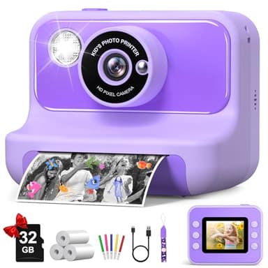 Kids Camera Instant Print, Christmas Birthday Gifts for Girls and Boys, 1080P HD Video Digital Kids Camera with 32G Card, Toddler Camera for 3-12 Years Old, Purple - Image 1