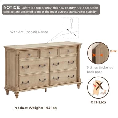 T4TREAM Farmhouse 7 Drawers Dresser Chests for Bedroom with 4 Solid Wood Feet, Tall Wide Wood Country Rustic Chest of Drawers, Storage Dressers for Bedroom, Living Room,Natural Oak - Image 6