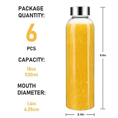 Sursip 18oz Glass Water Bottle Set of 6, Clear glass juice bottle for juicing，Reusable Drinking Bottles with Stainless Steel Lid，Beverage Storage Containers for Refrigerator-BPA Free，Leak Proof - Image 7