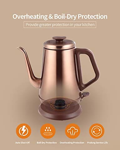 DmofwHi 1000W Gooseneck Electric Kettle (1.0L),100% Stainless Steel BPA Free Tea Kettle with Auto Shut - Off Protection, Pour Over Coffee Kettle -Copper - Image 5