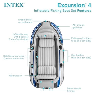 INTEX 68324EP Excursion 4 Inflatable Boat Set: Includes Deluxe 54in Boat Oars and High-Output Pump – Adjustable Seats with Backrest – Fishing Rod Holders – 4-Person – 1100lb Weight Capacity - Image 5