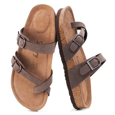 FITORY Women's Slide Sandals with Soft Cork Footbed, Comfort Arch Support Flat Sandals for Summer Brown Size 8 - Image 5