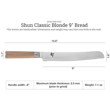 Shun Classic Blonde 9" Bread Knife, Handcrafted Japanese Serrated Knife, VG-MAX Core with Damascus Stainless Steel Cladding, Pakkawood Handle, Slicing Tool for Professional and Home Chefs - Image 6