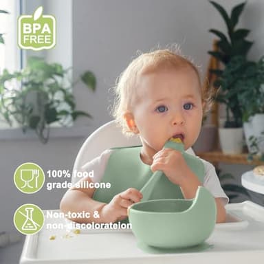 Munlinder Silicone Baby Feeding Set | Baby Led Weaning Supplies Includes Suction Bowls and Divided Plates, Adjustable Bib, Baby Utensils Spoons and Forks,Cup | Baby Feeding Essentials (Light Green) - Image 2