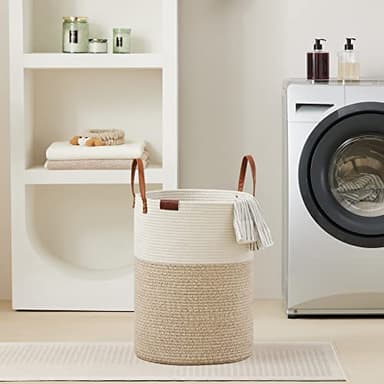 VIPOSCO Tall Laundry Basket, Large Dirty Clothes Hamper with Leather Handle, Woven Rope Storage Basket for Blanket, Toy In Living Room, Bathroom, Bedroom - 58L White & Brown - Image 7