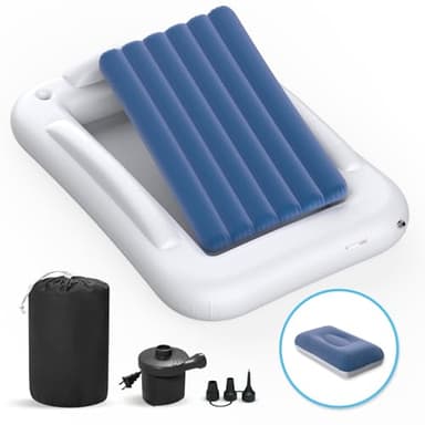 Deeteck Inflatable Toddler Travel Bed - 60 Inches Portable Toddler Bed for Travel with Safety Sides - Cozy Kids Air Mattress Set with High-Speed Pump & Carry Case - Lightweight & Easy to Inflate -Blue - Image 8