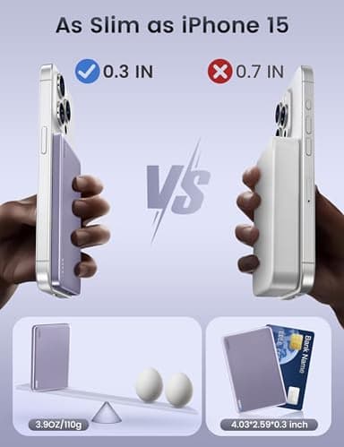 RORRY for Magsafe Portable Charger, [0.3" Ultra Slim] Magnetic Power Bank,[Alloy-Made] 5000mAh Wireless Portable Charger, USB C Battery Pack 18W Fast Charging for iPhone Samsung (Purple) - Image 2