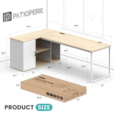 PatioPerk 71" L Shaped Executive Desk, Executive Office Desk with File Cabinet and Power Outlet, Large Computer Table with Shelves, Business Furniture Workstation for Home Office (Oak & White) - Image 2