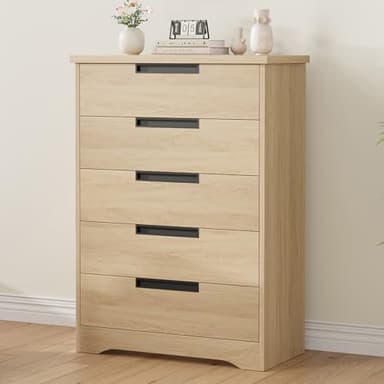 GarveeHome 5 Drawer Dresser for Bedroom, Natural Chest of Drawers with Embedded Handles, Wooden Dresser Organizer for Living Room, Nursery, Hallway and Entryway - Image 7