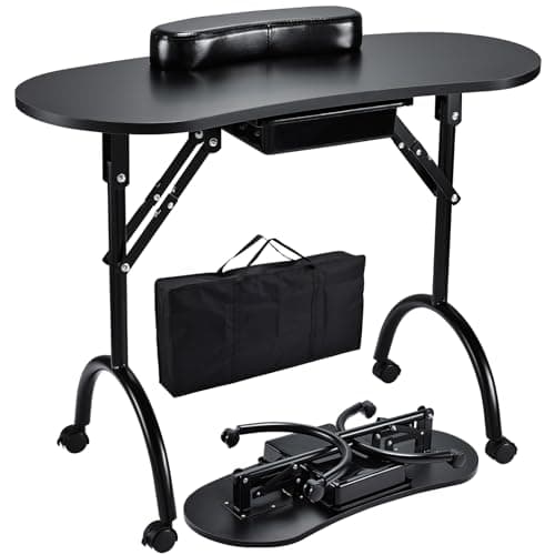 Joligrace Professional Foldable & Portable Manicure Table Nail Technician Desk Workstation with Rolling Wheels Large Drawer Client Wrist Pad Free Carrying Bag Travel Nail Tech Spa Beauty Table, Black - Image 1