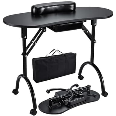Joligrace Professional Foldable & Portable Manicure Table Nail Technician Desk Workstation with Rolling Wheels Large Drawer Client Wrist Pad Free Carrying Bag Travel Nail Tech Spa Beauty Table, Black - Image 1