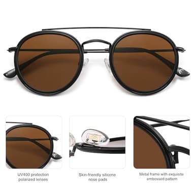 SOJOS Retro Vintage Round Polarized Sunglasses for Women Men Small Double Bridge Circle Sunnies SJ1104, Shiny Black/Brown - Image 3