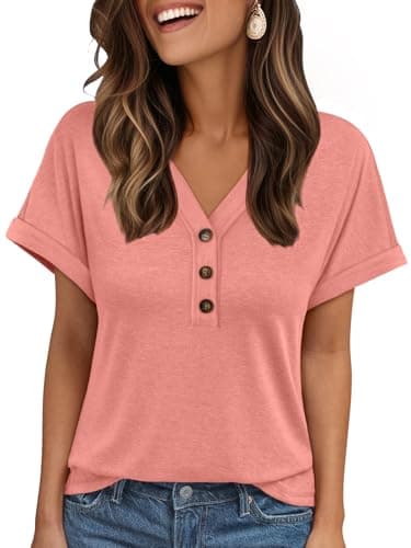 AUTOMET Short Sleeve V Neck T Shirts Womens 2025 Summer Spring Fashion Business Casual Dressy Cute Lightweight Loose Fit Work Tshirts Ladies Blouses Henley Tops Clothes Outfits Clothing Coral - Image 1