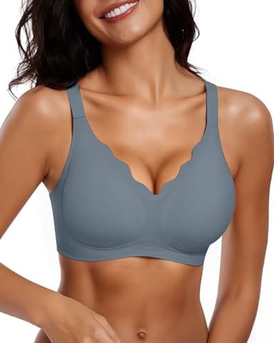Vertvie Womens Seamless Bras No Underwire Supportive Wireless Push Up Full Coverage Bralette Comfort Scalloped T-Shirt Bra(Grey Blue,Medium) - Image 1